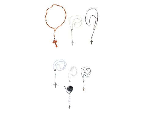 Collection of Seven Vintage to Antique Rosaries Including Agate, Onyx, Crystal, Pottery and Plastic Beads. Blue crystal bead 