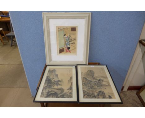 A Japanese print of a Geisha girl and a pair of paintings on silk 