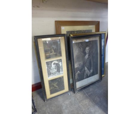 A 19th Century print of a gentleman, a locomotive print, a Franz Von Bayros triptych print, etc. 