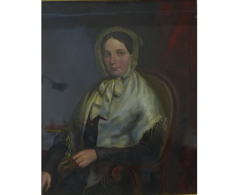 A Victorian over painted photographic portrait of a seated lady, 35 x 28cms, framed 