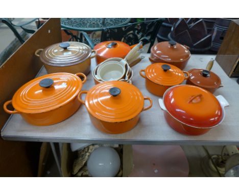 Assorted vintage enamelled cooking pots and pans 