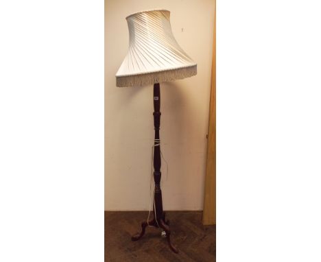 Mahogany standard lamp on tripod base with cream shade. Failed PAT test, non approved power cable, no earth bond 