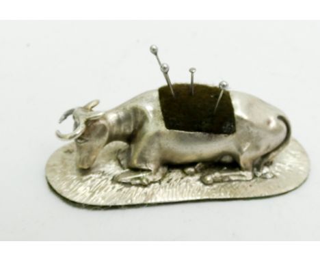 Victorian silver cow figure novelty pin cushion, Sheffield hallmarks 1888, 8.5cm long   Probably a cow creamer finial convers
