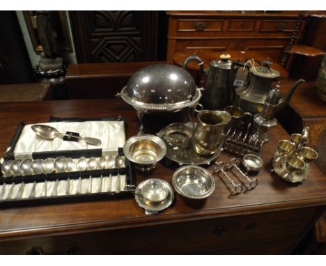 Plated coffee pots, and a large silver plated breakfast dish, spoons, sugar sifter and various other silver plated items 