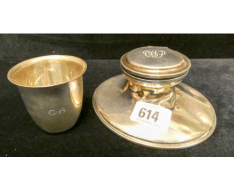 Silver capstone inkwell and an Evald Nielsen Danish silver cup  Inkwell neck compressed 