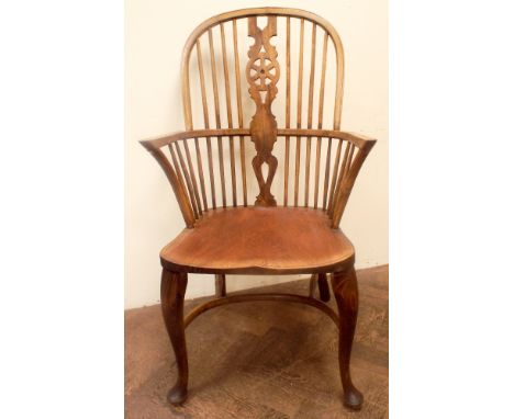 Reproduction Georgian style stick back and wheel back Windsor elbow chair on cabriole front legs with cross-stretchers 