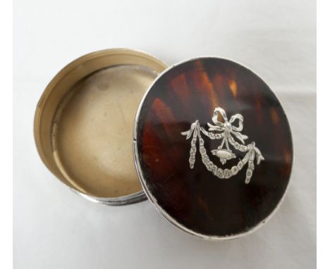 Circular tortoiseshell and silver inlaid trinket box London marks 1896, 51/2 cms diameter  