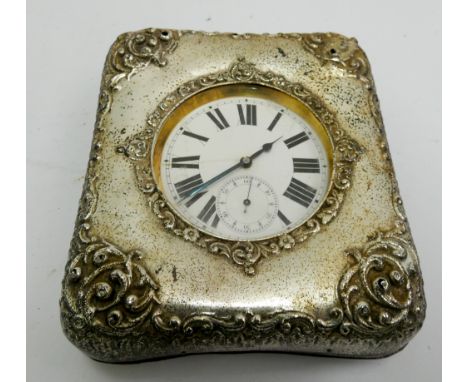 Victorian Goliath pocket watch in hallmarked silver travelling case with easel fitting to the back. 13cm tall  