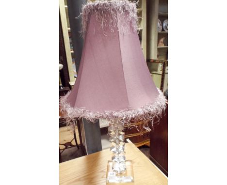 Good quality modern cut glass table lamp with fringed plum shade 