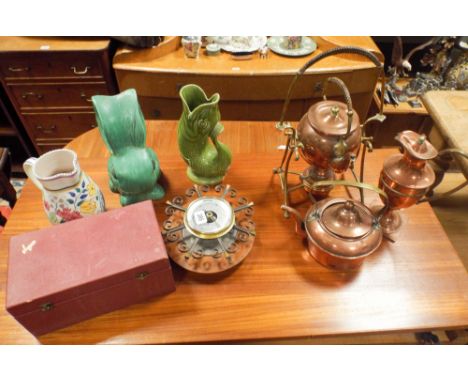 Copper spirit kettle, water jug, kettle, barometer, chess pieces, Poole Pottery jug, Sylvac rabbit etc 