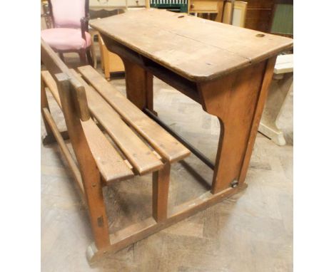 Child's pine double school desk with bench seat 