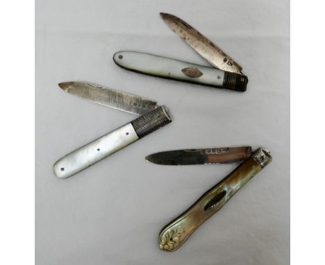Three 19th century mother of pearl and silver bladed fruit knives