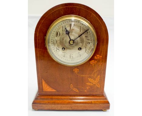 An Edwardian floral inlaid dome topped striking mantle clock 14.5" high 10" wide 