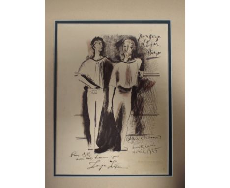 Picasso - Print of a pen and ink sketch of two dancers from the Ballets Russes, Monte Carlo April 1925. Dedicated to Serge Li