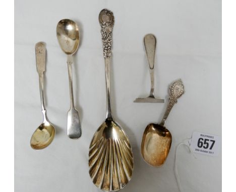 Victorian caddy spoon, 2 silver Georgian mustard spoons, fruit spoon and a sugar pusher gross weight of five 3 troy ozs