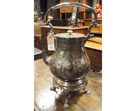 Large quality Victorian silver plated tea kettle on spirit burner stand , complete 45 cms high