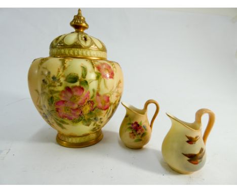 Royal Worcester blush ivory pot pourri vase and cover together with a pair of miniature jugs one painted with traditional flo