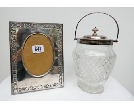 Cut glass and hallmarked silver mounted biscuit barrel and an easel photograph frame, biscuit barrel hallmarks Sheffield 1905