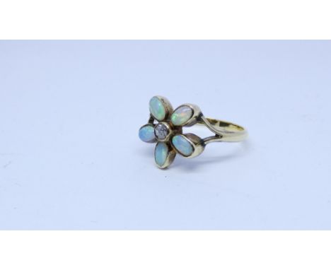 18ct gold opal and diamond flower cluster ring, size P 