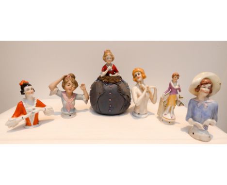 A group of six Art Deco porcelain pin cushion half dolls   All dolls in good condition