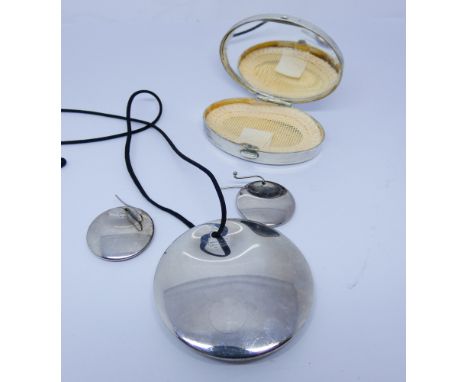Tiffany silver disc pendant and matching earrings together with a silver Tiffany compact 