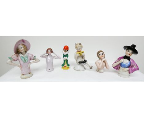 A collection of 6 Art Deco porcelain half doll pin cushion ladies to include a seated faun, tallest figure height 10cms   Fiv