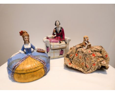 Art Deco pin cushion half doll, lady in pyjamas, soap dish modelled as a lady smoking in an arm chair and a Crinoline lady po