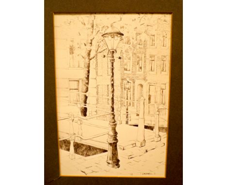 Pen and ink sketch, 'Footbridge in Amsterdam' by RJS Coldwell, 25x17cm