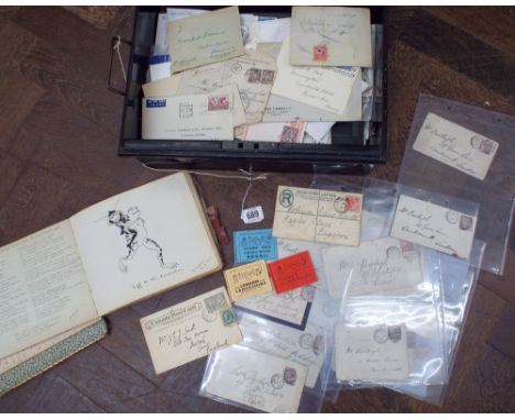 Small black deed box containing first day covers, English and foreign stamps, stamp books for 5, 3 and 2 shillings together w