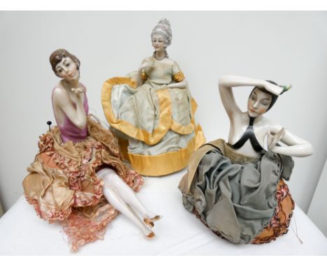 Three large Art Deco porcelain pin cushion half dolls   Damage or restoration to every piece