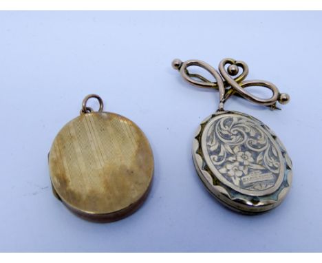 Oval locket with old enamel decoration and marked 9ct back and front on a hallmarked 9ct ribbon bow suspension bar, together 