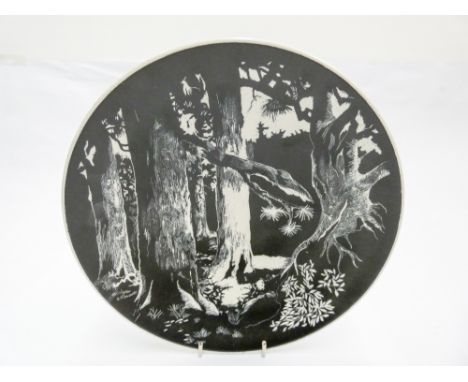 Poole Pottery  Aegean charger decorated with moonlit woodland scene by Jane Brewer