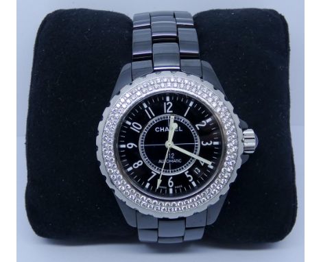 Chanel J12 automatic Chrono black ceramic wristwatch with diamond bezel, 38ml dial, model number HO950, with original box, sp