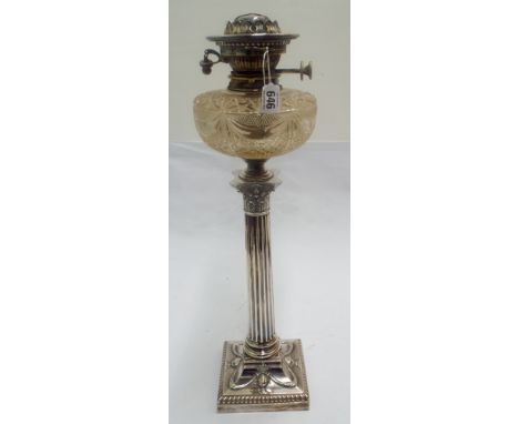 Edwardian silver Corinthian column oil lamp with cut glass bowl shade, Sheffield Hallmarks 1902, 57 cm tall.  No apparent sig