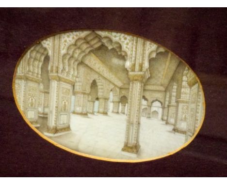 19th century watercolour miniature of Delhi temple together with a needlework panel portrait of Lama of Ladack. Miniature is 