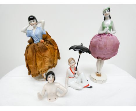 A group of four Art Deco porcelain pin cushion half dolls   Hand broken off one doll