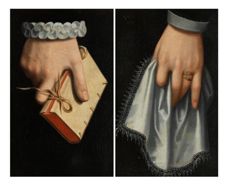 Frans Pourbus d. J., 1569 Antwerpen – 1622 Paris, zug.GemäldepaarHAND EINES HERREN MIT BUCHsowieHAND EINER DAME MIT TUCHÖl au