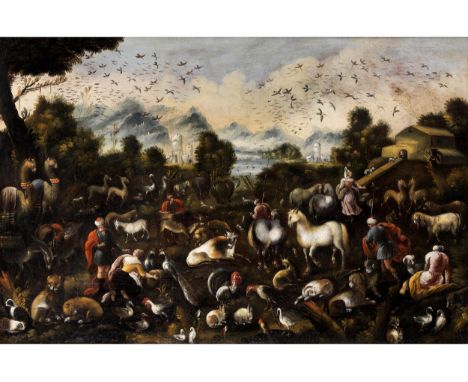 Venezianischer Meister des 17. JahrhundertsARCHE NOAHÖl auf Leinwand. Doubliert.105 x 156 cm.In teilebonisiertem Profilrahmen