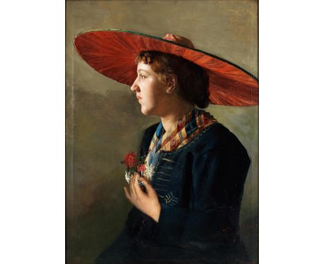 Hans Götzinger, 1867 Wien – 1941 DürnsteinPORTRAIT EINER DAME MIT BREITEM ROTEN HUTÖl auf Leinwand.74,5 x 55 cm.Rechts unten 