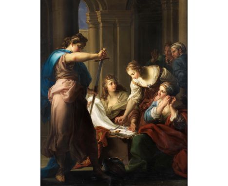 Pompeo Girolamo Batoni, 1708 Lucca – 1787 Rom, nachACHILLES UND DIE TÖCHTER DES LYKOMEDESÖl auf Leinwand. Doubliert.158,5 x 1