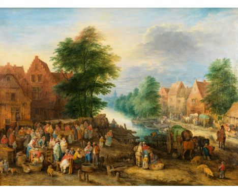 Theobald Michau, 1676 Tournae – 1765 AntwerpenDORFLANDSCHAFT MIT FISCHMARKTÖl auf Holz. Parkettiert.53 x 70,5 cm.Links unten 