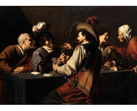 Theodor Rombouts, 1597 – 1637KARTENSPIELER AM TISCH MIT EINEM KIEBITZÖl auf Leinwand. Doubliert.145 x 200 cm.Beigegeben eine 