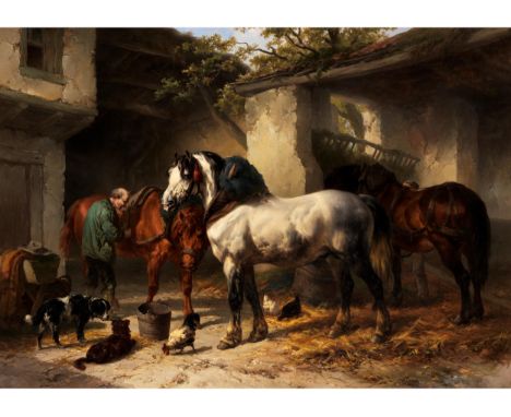 Wouterus Verschuur d. Ä., 1812 Amsterdam – 1874 VordenPFERDE IN EINEM STALLHOFÖl auf Leinwand.76,3 x 106,2 cm.Links unten auf