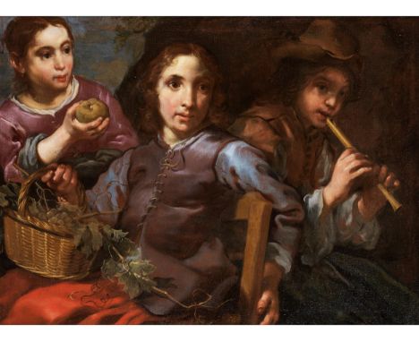 Bernhard Keil, auch bekannt als „Monsù Bernardo“, 1624 Helsingør – 1687 RomPORTRAIT VON DREI KINDER MIT WEINTRAUBEN UND FLÖTE