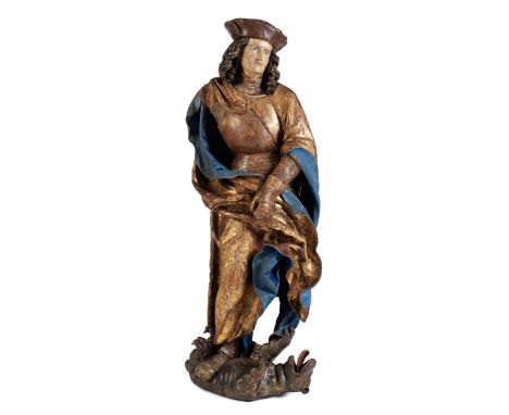 Gotische Schnitzfigur des Heiligen GeorgHöhe: 84 cm.Süddeutschland, um 1500.Standfigur, in Harnisch gekleidet, von einer bewe