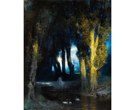 Ferdinand Keller, 1842 Karlsruhe – 1922 Baden-BadenGEWÄSSER MIT SCHWÄNEN BEI MONDLICHTÖl auf Leinwand.105 x 86,5 cm.Links unt