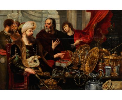 Simon de Vos, 1603 Antwerpen – 1676 ebendaKRÖSUS ZEIGT SOLON SEINE SCHÄTZEÖl auf Holz. Parkettiert.56 x 85 cm.In dekorativem,