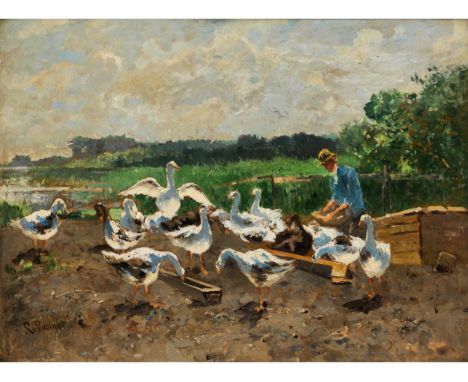 Richard von Poschinger, 1839 München – 1915 ebendaDIE FÜTTERUNG DER GÄNSEÖl auf Hartfaser.45 x 60 cm.Links unten signiert „R 