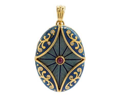 Fabergé Email-Brillant-Medaillon von Victor MayerMaße: ca. 4,2 x 3,2 cm (ohne Öse). Gewicht: ca. 33,6 g. GG 750.Signiert „VM“