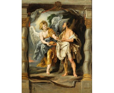 Jacob Jordaens, 1593 Antwerpen – 1678 ebenda, zug.DER PROPHET ELIA EMPFÄNGT NAHRUNG VOM ENGEL VOR DEM GANG ZUM BERG HOREBÖl a